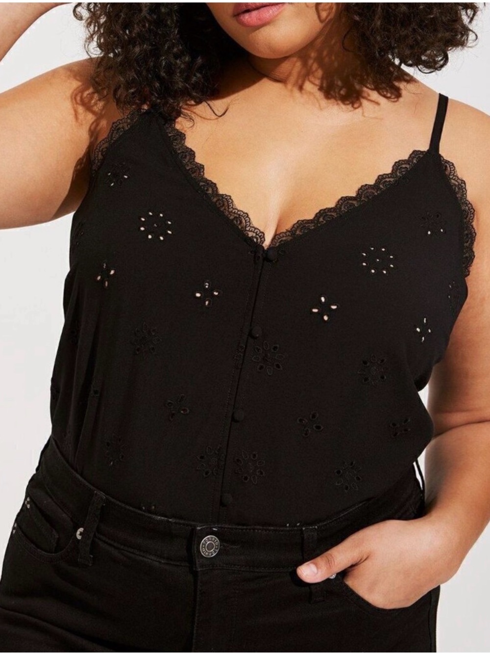Torrid Botton Front Lace-Trim Black Eyelet V-Neck Cami Top Size 5
